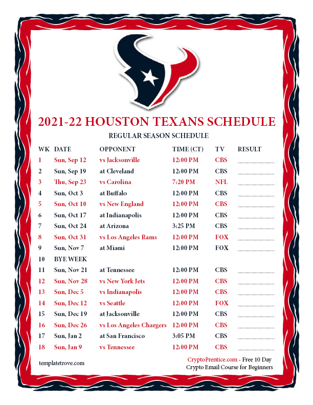 Printable 2021-2022 Houston Texans Schedule
