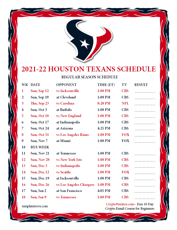 Printable 2021 2022 Houston Texans Schedule