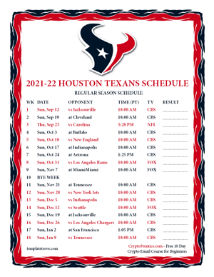 Houston Texans 2021-22 Printable Schedule - Pacific Times