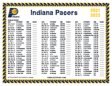 Indiana Pacers 2021-22 Printable Schedule - Pacific Times