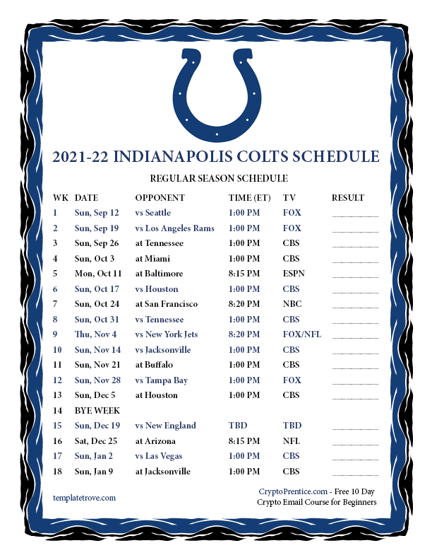 Indy Colts Schedule 2022 Printable 2021-2022 Indianapolis Colts Schedule