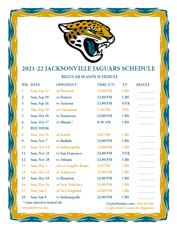 Jaguars Football Schedule 2022 Printable 2021-2022 Jacksonville Jaguars Schedule
