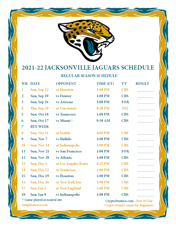 Jaguars 2022 Schedule Printable 2021-2022 Jacksonville Jaguars Schedule