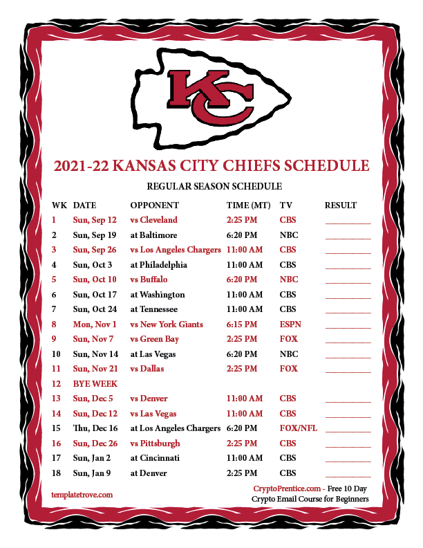 Kansas City Chiefs Schedule 2022 Printable Printable 2021-2022 Kansas City Chiefs Schedule