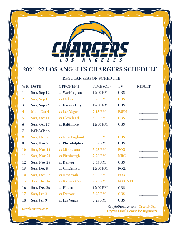Los Angeles Chargers Schedule 2022 Printable 2021-2022 Los Angeles Chargers Schedule