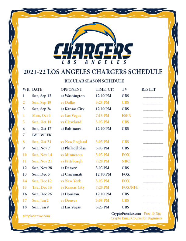 Printable 2021 2022 Los Angeles Chargers Schedule