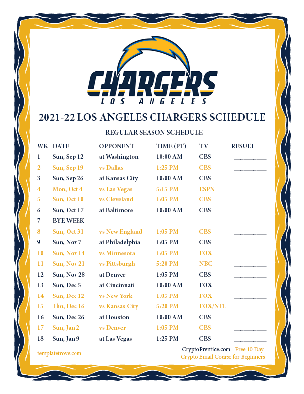 Los Angeles Chargers 2022 Schedule Printable 2021-2022 Los Angeles Chargers Schedule