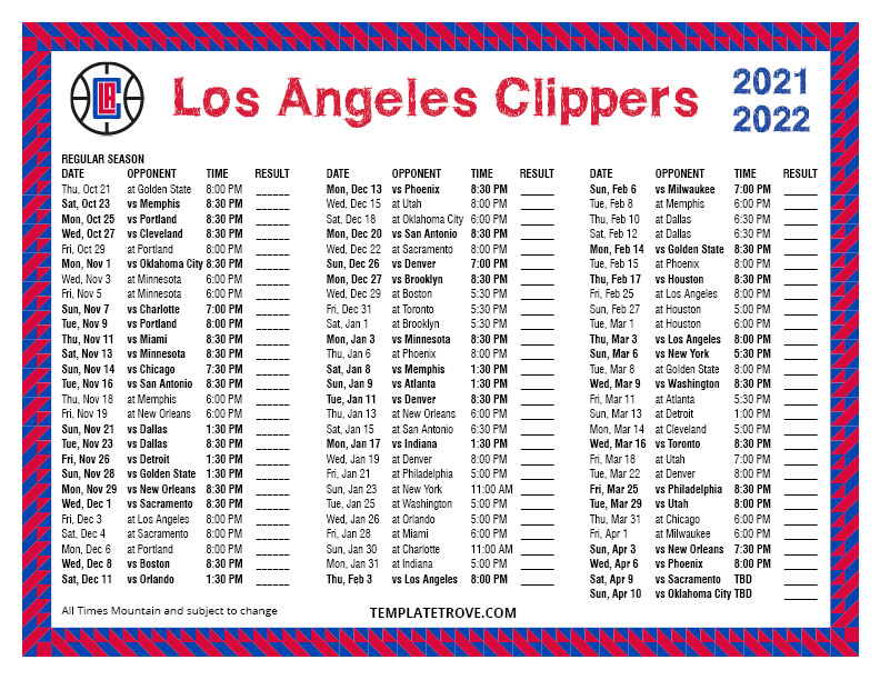 Printable 2021-2022 Los Angeles Lakers Schedule