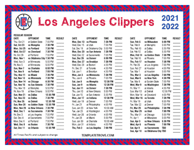 Los Angeles Clippers 2021-22 Printable Schedule - Pacific Times