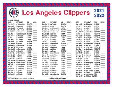 Los Angeles Clippers 2021-22 Printable Schedule