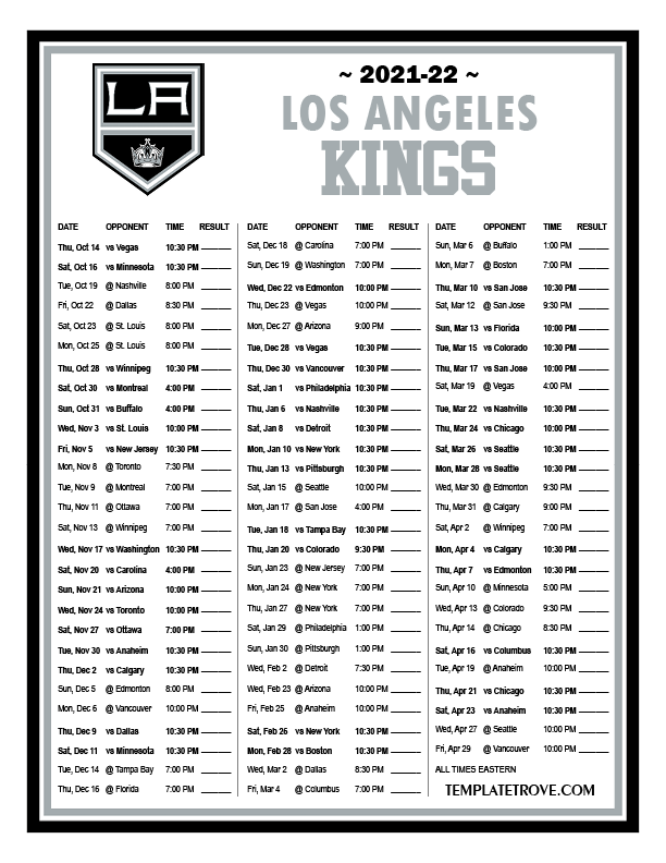 Kings Schedule 2022 Printable 2021-2022 Los Angeles Kings Schedule