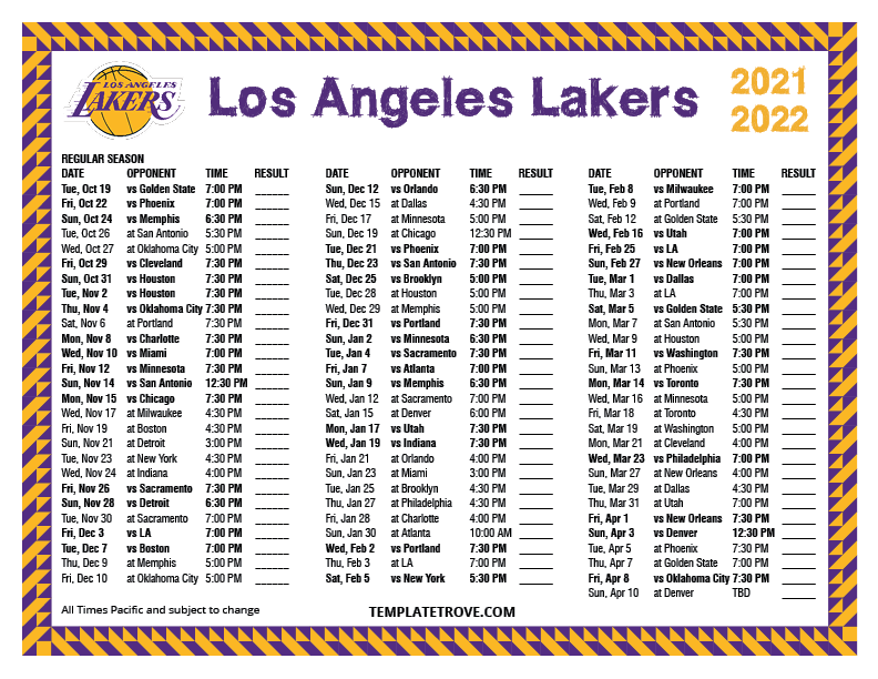 2021 2022 Printable Los Angeles Lakers Schedule Pacific Times 