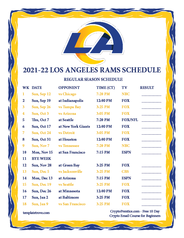 Printable 2021 2022 Los Angeles Rams Schedule