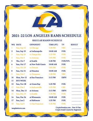Los Angeles Rams 2021-22 Printable Schedule - Pacific Times