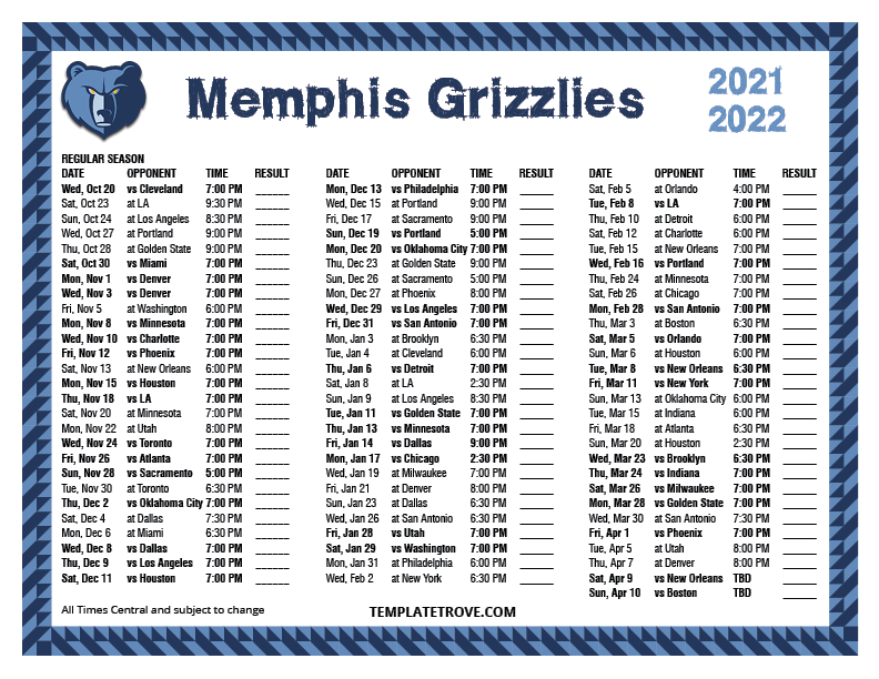 Memphis Grizzlies Schedule 2022 Printable 2021-2022 Memphis Grizzlies Schedule