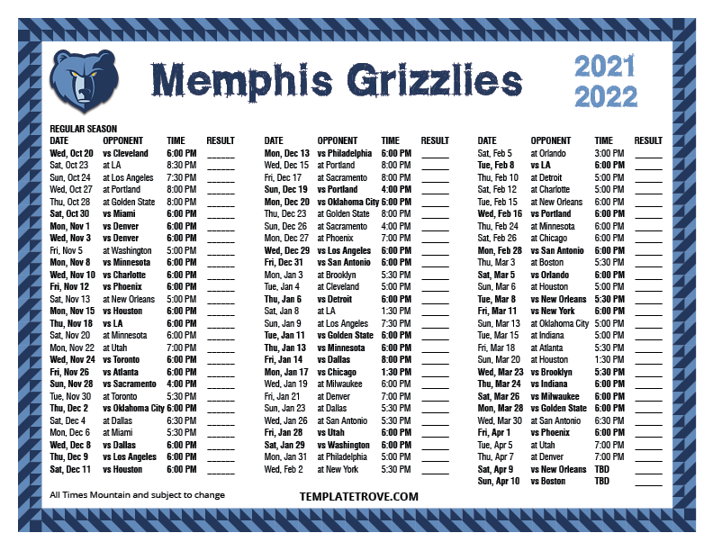 Printable 20212022 Memphis Grizzlies Schedule