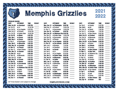 Memphis Grizzlies 2021-22 Printable Schedule