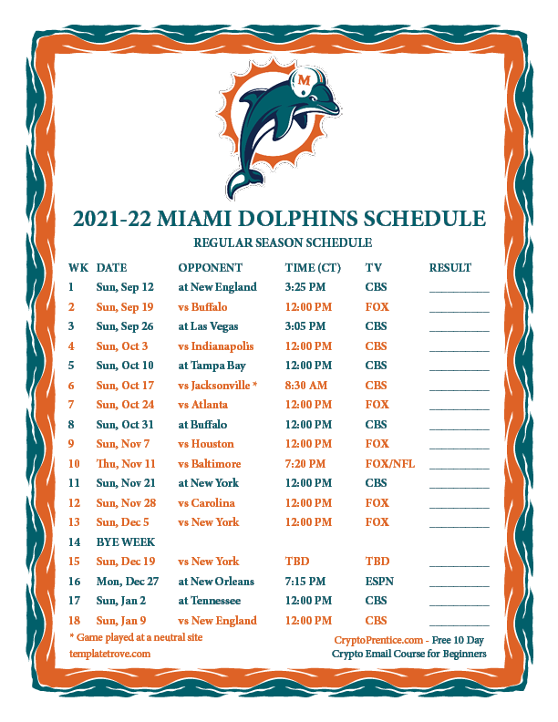 Miami Dolphins Preseason Schedule 2022 Printable 2021-2022 Miami Dolphins Schedule