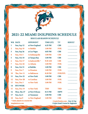 Miami Dolphins 2021-22 Printable Schedule