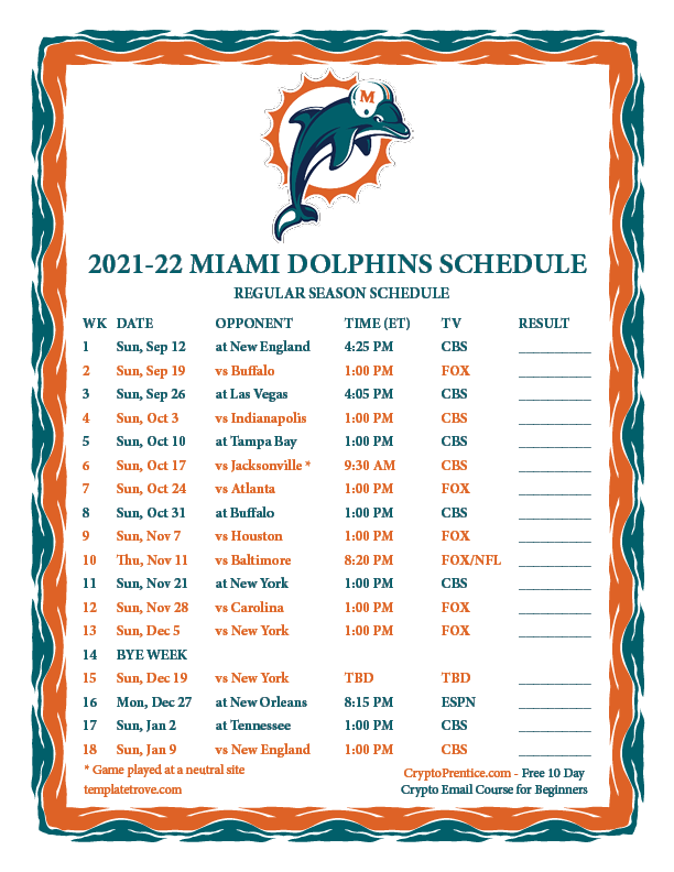 Miami Dolphins Schedule 2022 Printable Printable 2021-2022 Miami Dolphins Schedule