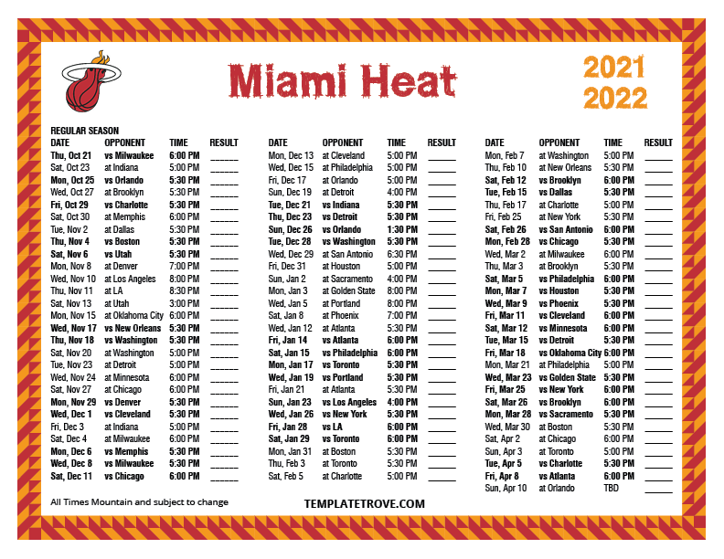 Miami Schedule 2022 Printable 2021-2022 Miami Heat Schedule