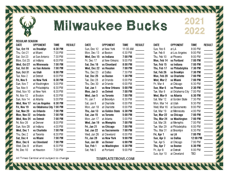 Milwaukee Bucks Schedule 2022 23 Printable 2021-2022 Milwaukee Bucks Schedule