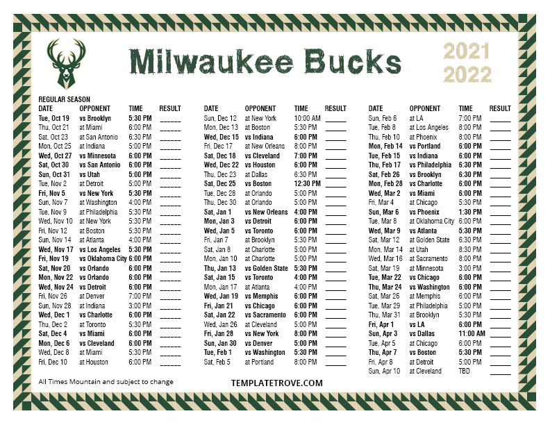 Printable 2021-2022 Milwaukee Bucks Schedule