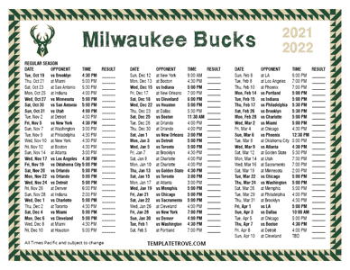 Milwaukee Bucks 2021-22 Printable Schedule - Pacific Times