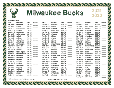 Milwaukee Bucks 2021-22 Printable Schedule