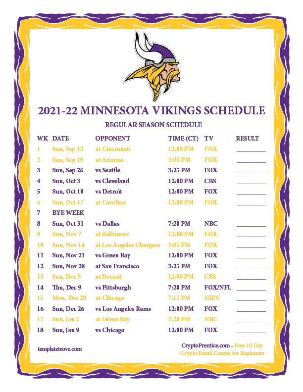 Mn Viking Schedule 2022 Printable 2021-2022 Minnesota Vikings Schedule