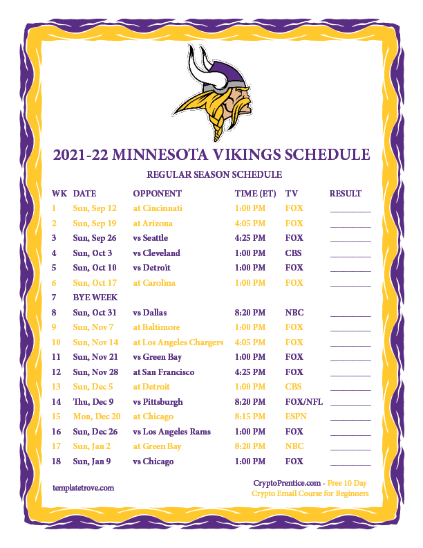 Minnesota Vikings Preseason Schedule 2022 Printable 2021-2022 Minnesota Vikings Schedule
