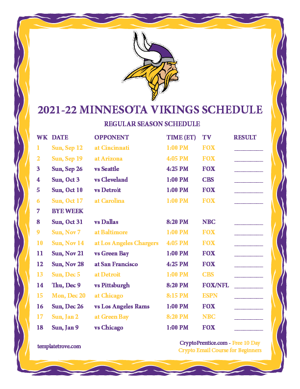 Printable 2021 2022 Minnesota Vikings Schedule