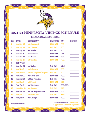 Minnesota Vikings 2021-22 Printable Schedule - Pacific Times