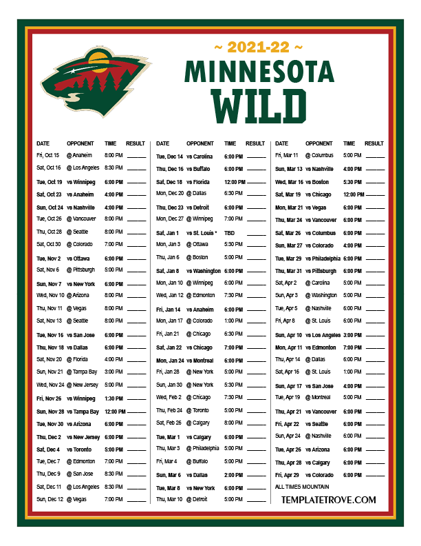 Printable 20212022 Minnesota Wild Schedule
