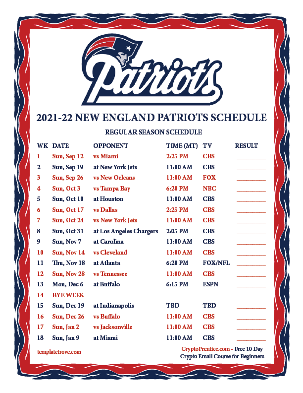 Patriots Calendar 2022 Printable 2021-2022 New England Patriots Schedule