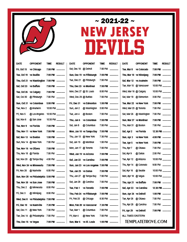 Printable 2021-2022 New Jersey Devils Schedule