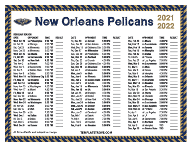 New Orleans Pelicans 2021-22 Printable Schedule - Pacific Times