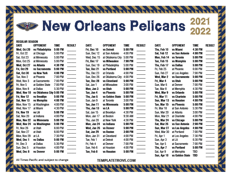Printable 20212022 New Orleans Pelicans Schedule