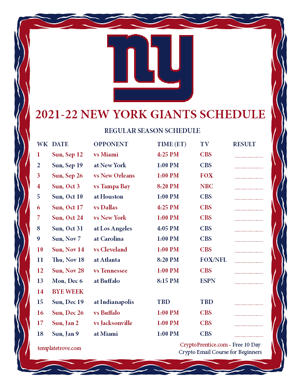 New York Giants 2021-22 Printable Schedule