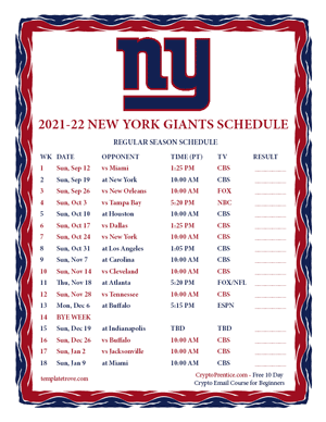 New York Giants 2021-22 Printable Schedule - Pacific Times