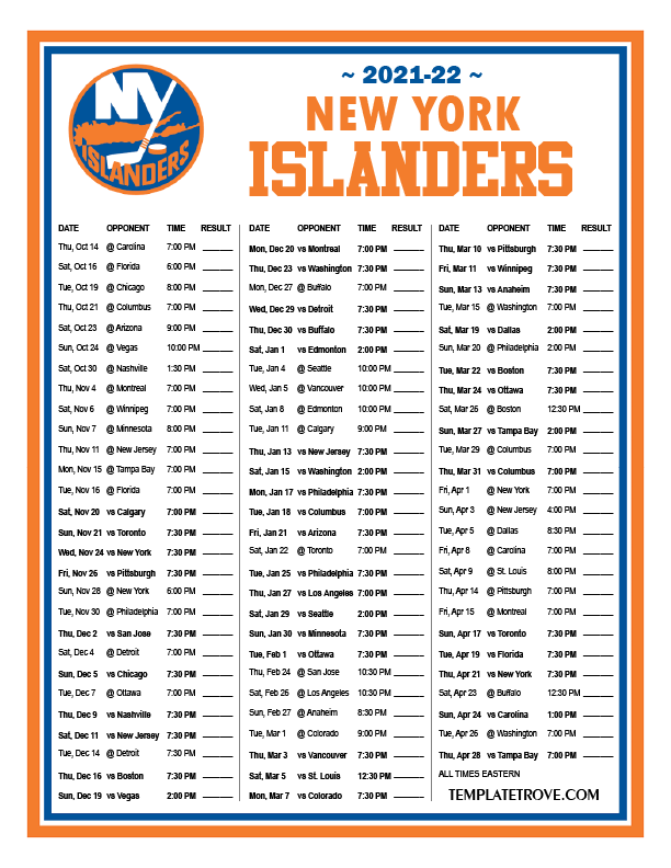 Islanders 2022 2023 Schedule Printable 2021-2022 New York Islanders Schedule