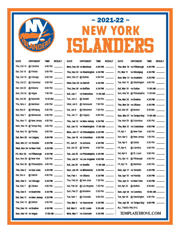 Printable 2021 2022 New York Islanders Schedule