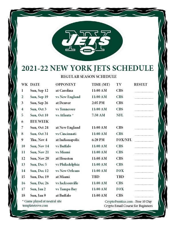 Printable 2021-2022 New York Jets Schedule