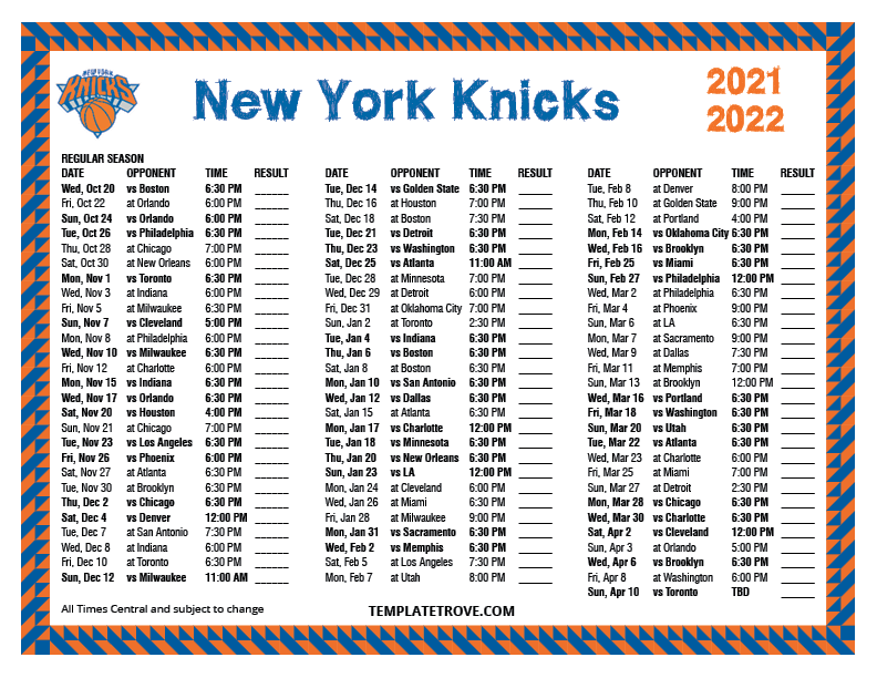 Printable 2021 2022 New York Knicks Schedule