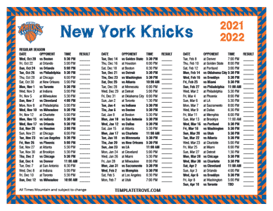 New York Knicks 2021-22 Printable Schedule - Mountain Times