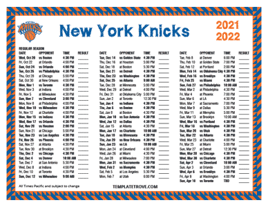 New York Knicks 2021-22 Printable Schedule - Pacific Times
