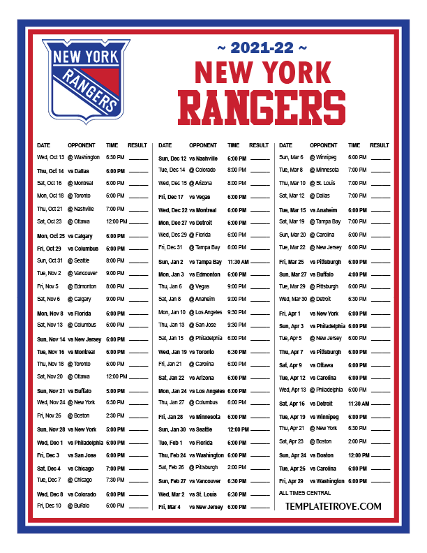 Printable 20212022 New York Rangers Schedule