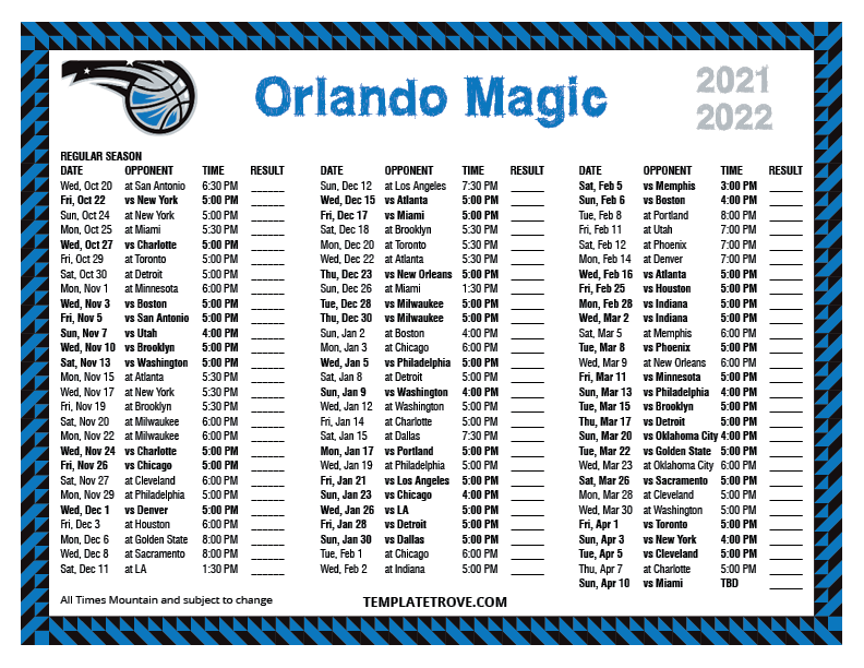Printable 2021 2022 Orlando Magic Schedule