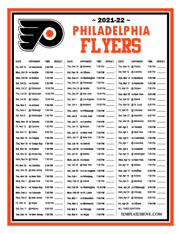 Printable 20212022 Philadelphia Flyers Schedule