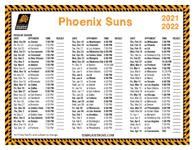 Phoenix Suns 2021-22 Printable Schedule - Pacific Times